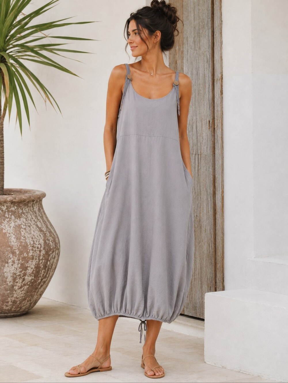 Orange Amore Made in Italy 100% Linen Bubble Hem Dress L/XL Balloon Hem Pockets - Picture 2 of 12